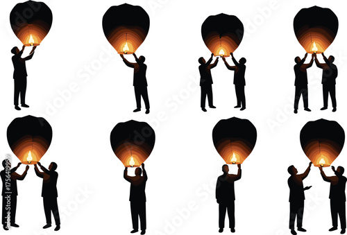 Silhouette of people releasing sky lanterns at night with glowing fire light, celebration, hope, peace, and festival tradition concept