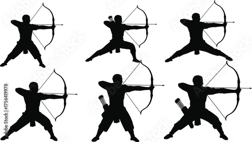 Silhouette of archers aiming and shooting with traditional bows and arrows, martial art archery stance and precision shooting training concept