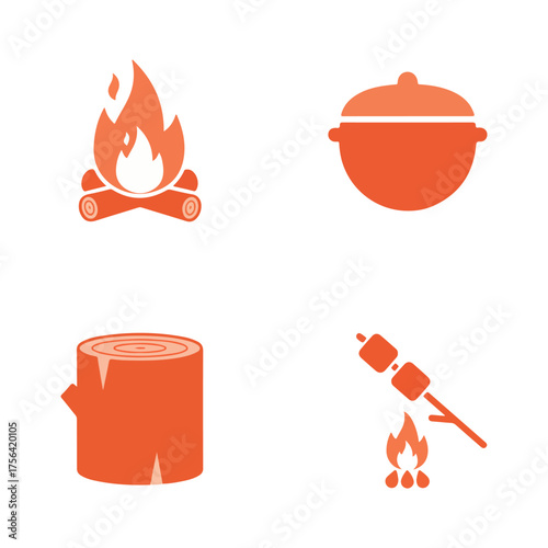 Camping activities: a campfire, a cooking pot, a log, and marshmallows being roasted over a small fire.