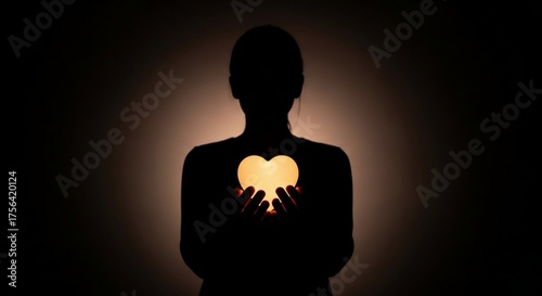 Inner Radiance: The silhouette of a person cradling a glowing heart, exuding warmth and representing themes of love, compassion, and inner peace in this evocative image.