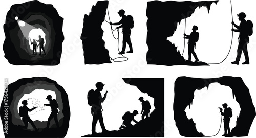 Cave explorers with headlamps and ropes discovering underground passages, adventure caving illustration showing spelunking teamwork and exploration in dark caverns
