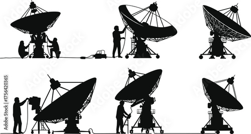 Silhouette of scientists and engineers working with large satellite dish antennas, communication technology, radio telescope, space research and signal transmission