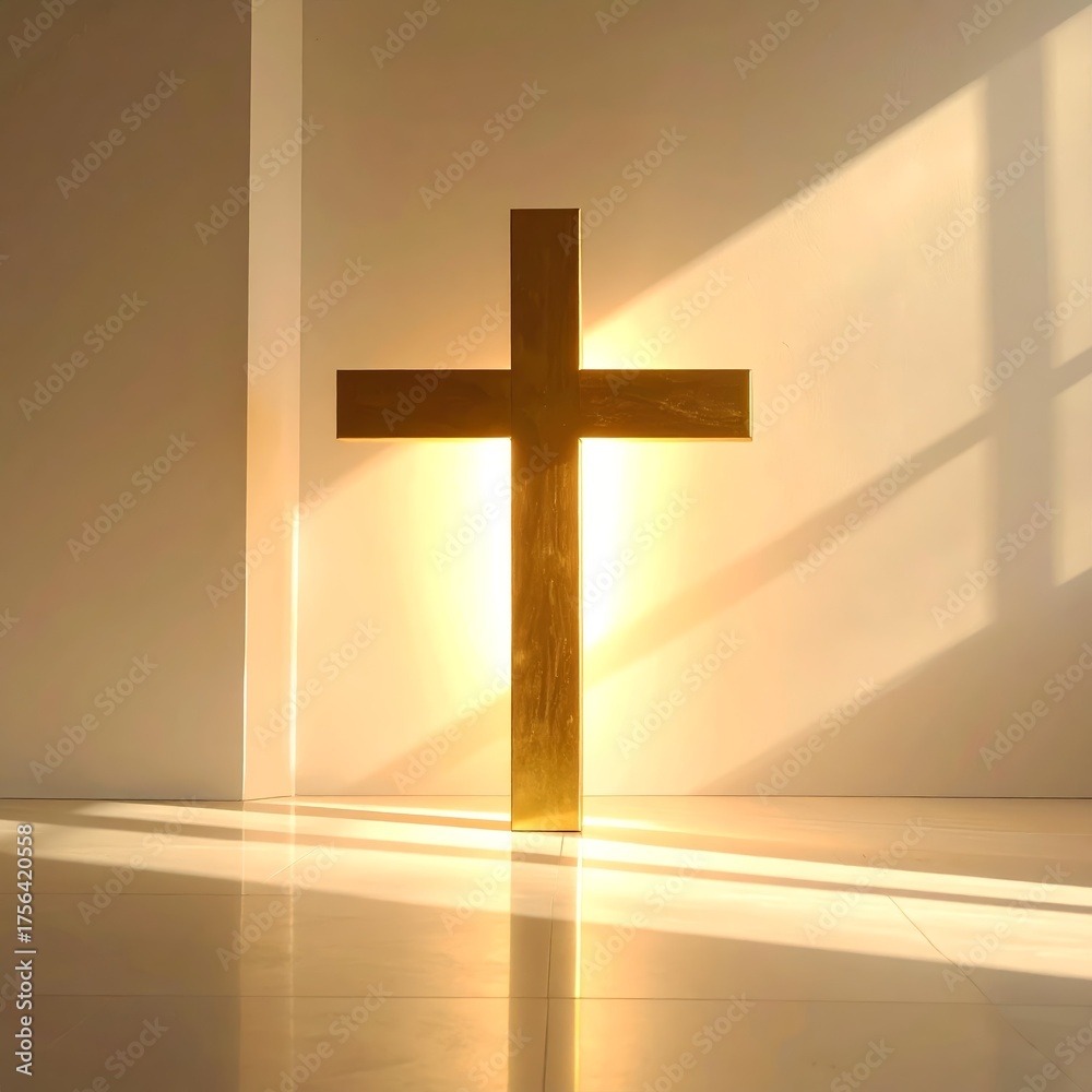 Naklejka premium A golden cross stands illuminated by sunlight, casting shadows on a clean white surface.