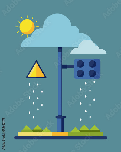 An afternoon ra is no match for the solarpowered traffic signals which continue to operate efficiently despite the temporary lack of sunlight.. Vector illustration