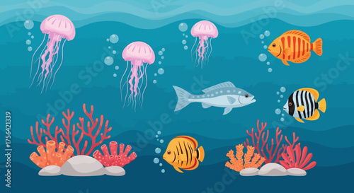 Vivid undersea scene featuring coral reefs jellyfish  various fish swimming in blue waters with bubbles