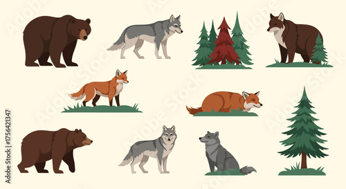 Woodsy scene of bears wolves foxes and pine trees on a tan background