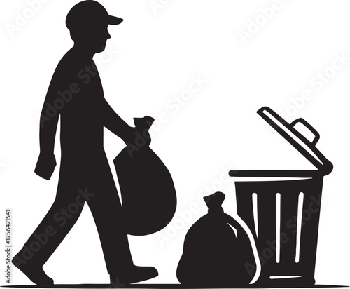 Garbage Collector Silhouette with Trash Bags and Open Trash Can