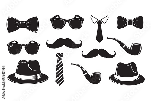 Vintage set vector collection of hipster men's fashion icons including hats, mustaches, beards, glasses, and sunglasses in black silhouette illustration style