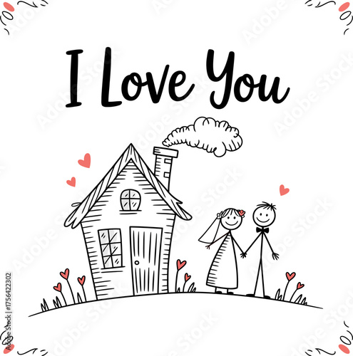 A Drawing of Love: The message I Love You sets the stage for a heartwarming scene: a charming house, hearts, and a couple in a tender embrace, all conveyed through the simple charm of a sketch. 