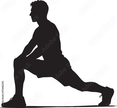 Silhouette of a man performing a deep lunge stretch promoting fitness flexibility and athletic training in a dynamic pose