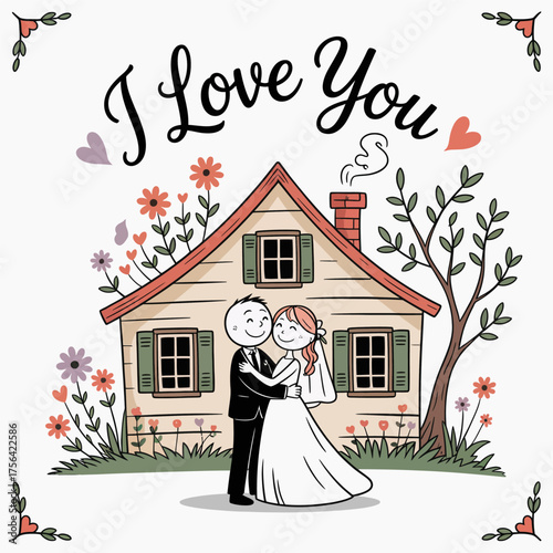 Eternal Embrace: A charming illustration portrays a newlywed couple's affectionate embrace in front of their cozy home, symbolizing love and togetherness. 