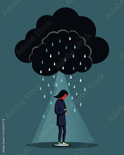 A stormy cloud of dark shadows hovers above a person embodying the weight of hurtful and demeaning words that have been said.. Vector illustration
