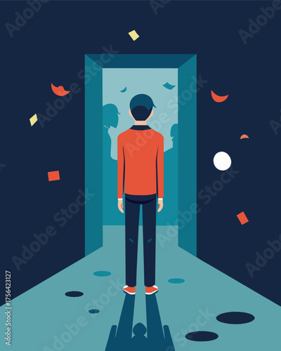 A person stood still in a small room the echoes of their past mistakes echoing around them a constant reminder of their failures.. Vector illustration
