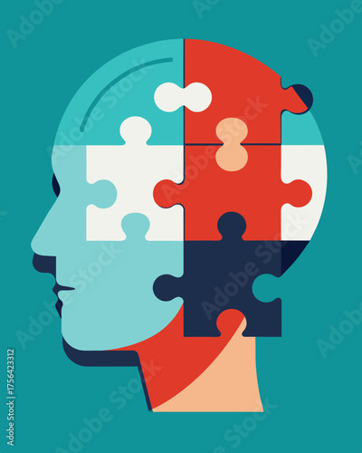 A puzzle with a missing piece in the shape of a persons head illustrating the feeling of being incomplete and ped within oneself.. Vector illustration