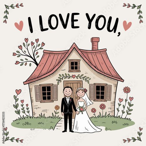 Wedding Day bliss: A newly married couple stands in front of their charming home, surrounded by blooming flowers, sharing the message of I Love You, creating a heartwarming scene of love, home.