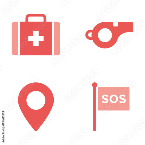 Red emergency and survival icons: first aid kit, whistle, location pin, and an SOS flag.