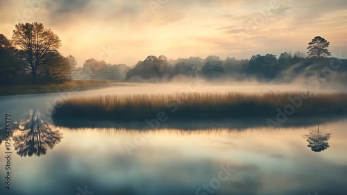 Serene mist over tranquil lake at sunrise with reflections and misty atmosphere