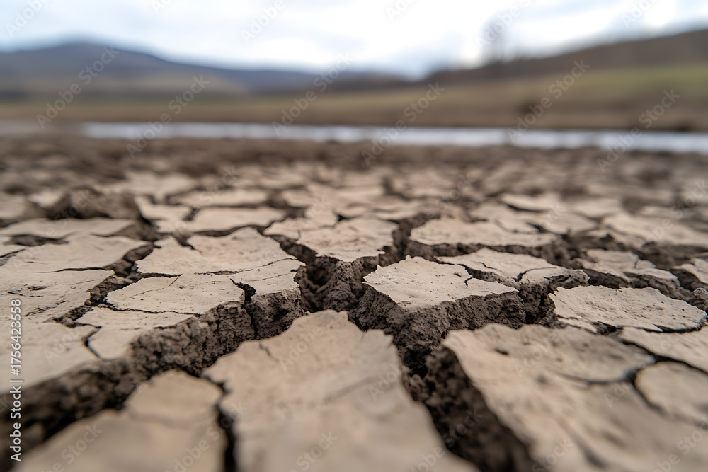 Obraz premium Dry Cracked Earth: A stark image of drought conditions, showcasing arid landscape and the impact of climate change on land. Desiccated soil, barren terrain.