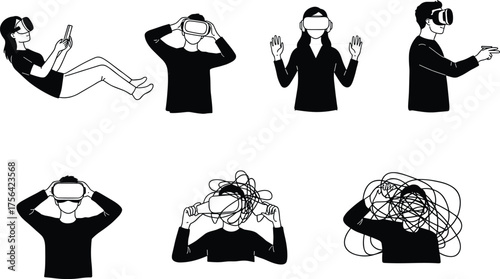 Virtual reality headset illustration, VR user reactions, immersive technology concept, digital experience drawing, futuristic gaming art, black and white sketch, emotions