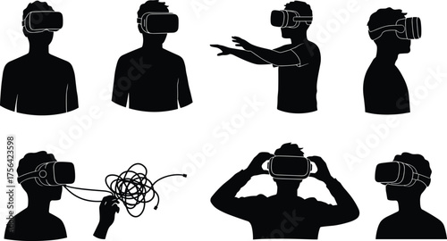 Virtual reality headset silhouettes, VR user interaction, immersive technology sketch, digital illustration concept, futuristic gaming art, black and white drawing, human experience