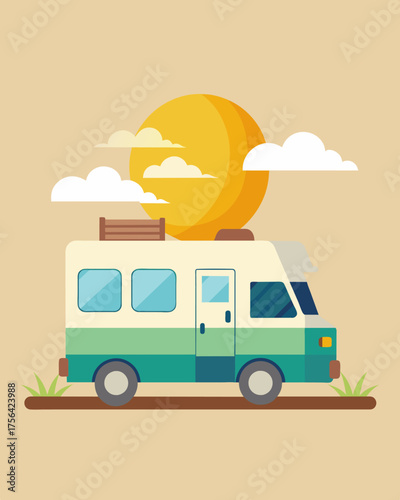 A road trip companion that never runs out of juice – the solarpowered RV is the perfect blend of adventure and sustainability.. Vector illustration