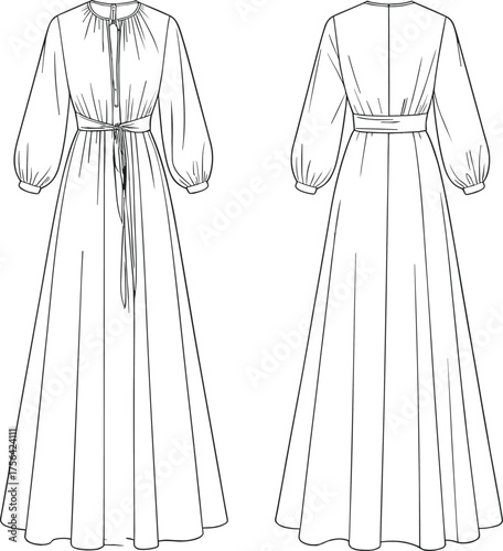 Elegant fashion illustration, long sleeve dress, gathered neckline, cinched waist, voluminous sleeves, front and back view, technical sketch, garment design