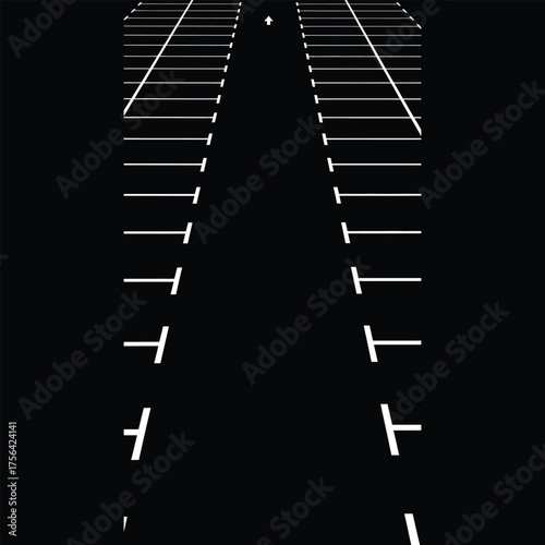 Abstract perspective view of a road with white lines receding into the distance on a black background, creating a sense of depth