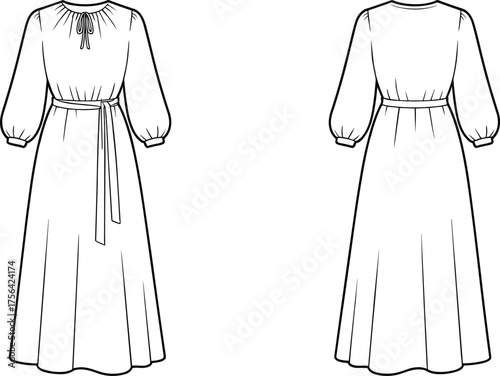 Long sleeve dress illustration, gathered neckline, keyhole tie, cinched waist, voluminous sleeves, flowing skirt, front back view, garment sketch