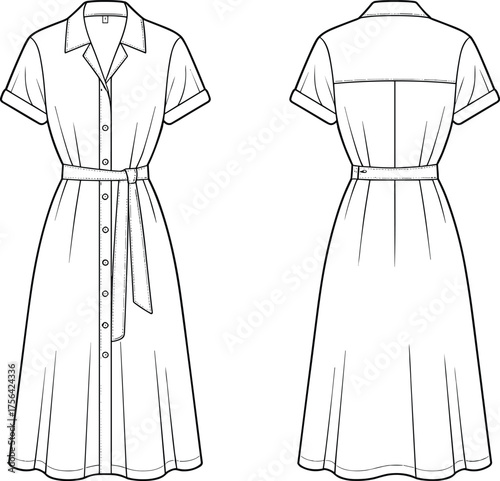 Shirt dress fashion illustration, pointed collar, short sleeves, belted waist, flared skirt, yoke detail, front back view, garment sketch