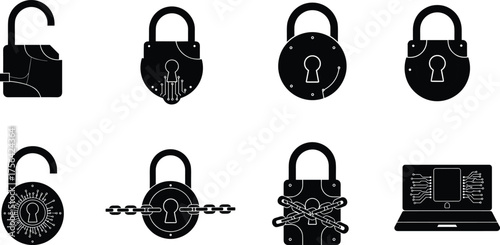 Cybersecurity padlock icons, data protection illustration, digital security artwork, encryption concept sketch, online privacy design, black and white locks, secure computer system