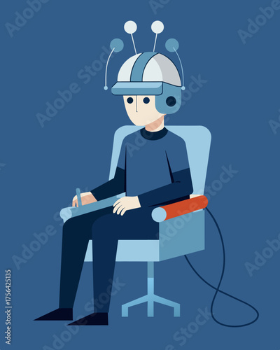 A person sitting in a chair their head covered by a large metallic helmet as their brainwaves are monitored and altered by the mind control device.. Vector illustration