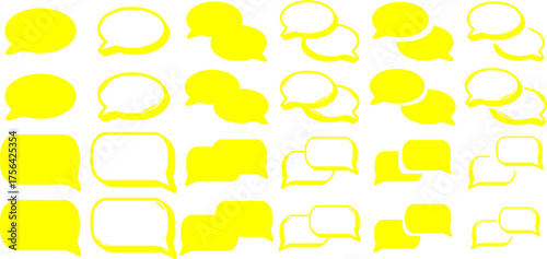 A pattern of yellow speech bubbles in various shapes and arrangements on a white background.