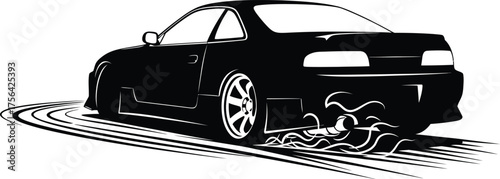 A sleek black sports car drifts, leaving trails of smoke and tire marks, showcasing speed and precision isolated on white background