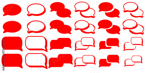 A collection of various red speech bubbles and chat icons in different shapes and styles.