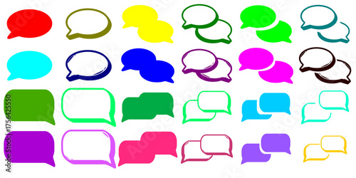Colorful speech bubbles in various shapes and arrangements, conveying communication and dialogue.