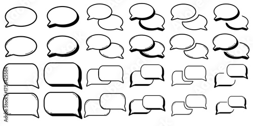 Collection of various speech bubble shapes, including single and overlapping designs, in a simple black and white style.
