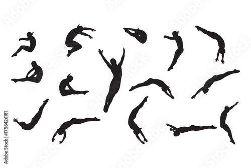 Set of black vector silhouettes of ballet dancers in action poses for sport and dance illustration