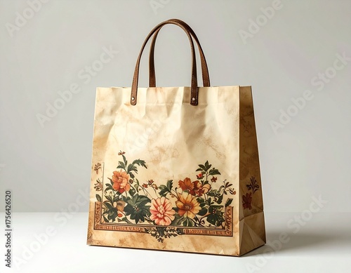 Vintage paper shopping bag with floral design and leather handles on a plain background