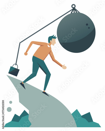 A sketch of a person being dragged down a steep hill by a large weight tied to their ankle symbolizing the devaluation of their progress and success.. Vector illustration