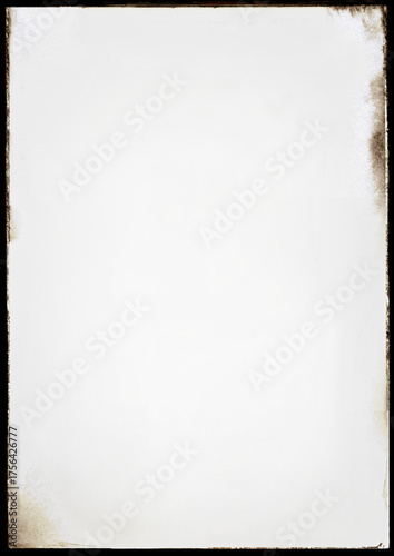 Blank white paper background with dark, aged, distressed grunge borders and frame. Plenty of copy space for text, design, or a retro mockup integration.