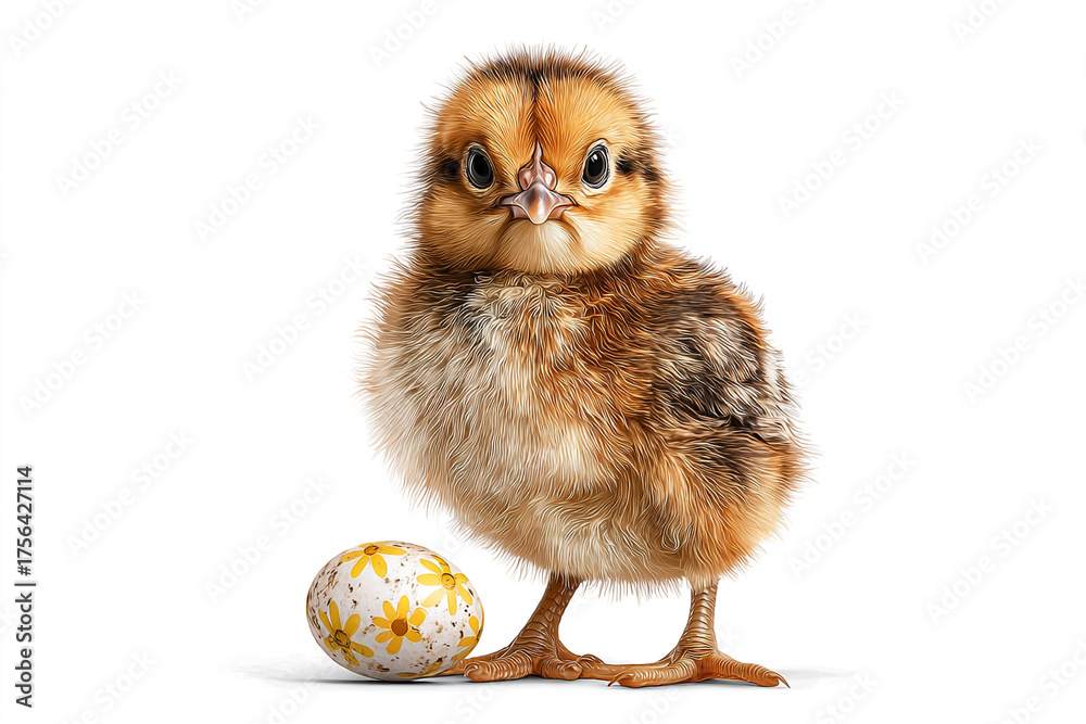 Fototapeta premium Cute fluffy chick next to a decorated Easter egg