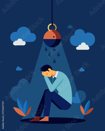 A person crushed under the weight of their own negative selftalk unable to escape the avalanche of damaging thoughts.. Vector illustration