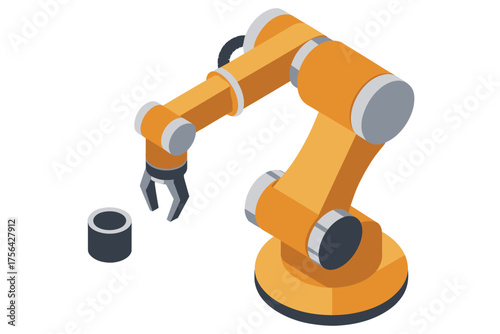 Industrial robotic arm with gripper moving small part in manufacturing automation process