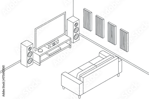 Modern living room setup with large television entertainment center and speakers outline drawing