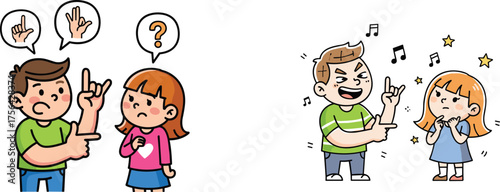 Children reacting to hand gesture, cartoon communication scene, confusion vs admiration contrast, expressive emotion, music and meaning, perception shift illustration
