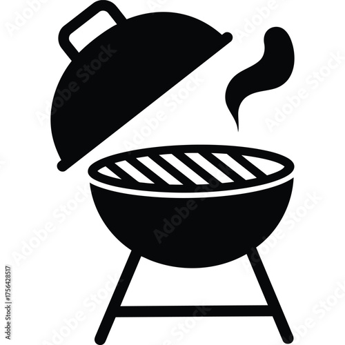 A black and white illustration of a barbecue grill with smoke rising from it and the lid slightly open silhouette