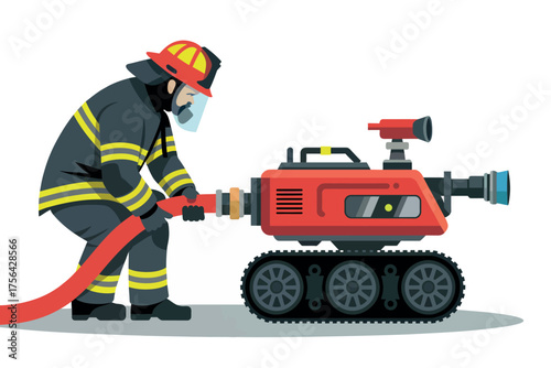 Firefighter connects hose to advanced robotic firefighting equipment for emergency response and safety operations