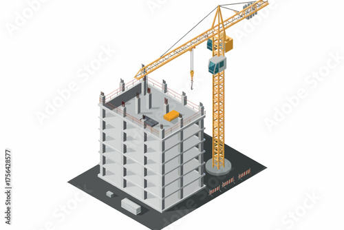 Towering construction crane at work on modern building site isometric view