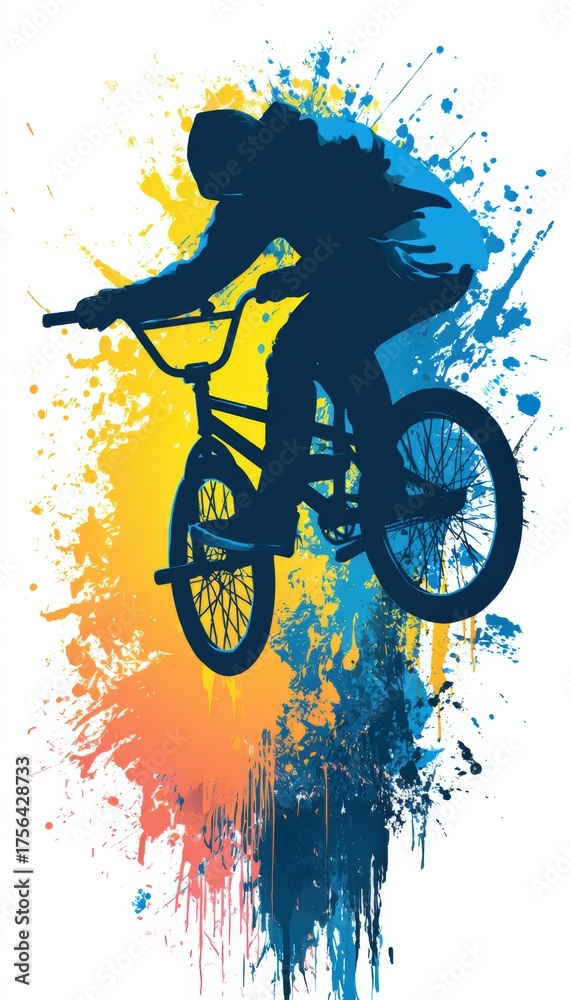 Fototapeta premium Dynamic BMX Trick Silhouette with Vibrant Gradient Explosion Background