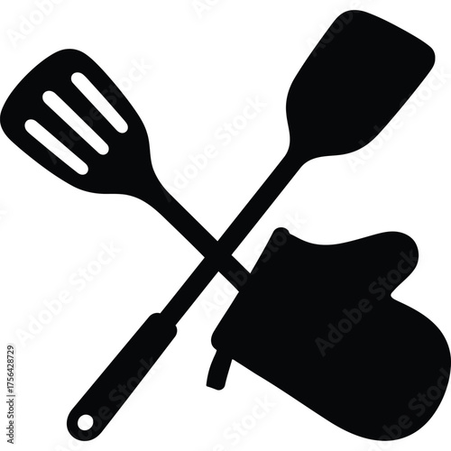 A graphic illustration of crossed kitchen utensils and an oven mitt in a simple black and white style silhouette